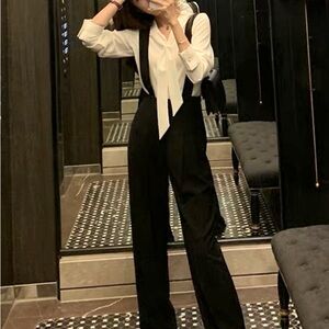 Long black pants with suspenders